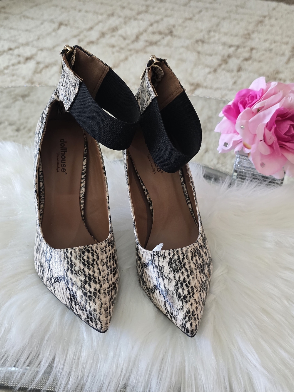New Dollhouse Snake-Print Pointed Toe Pumps with Black Ankle Strap